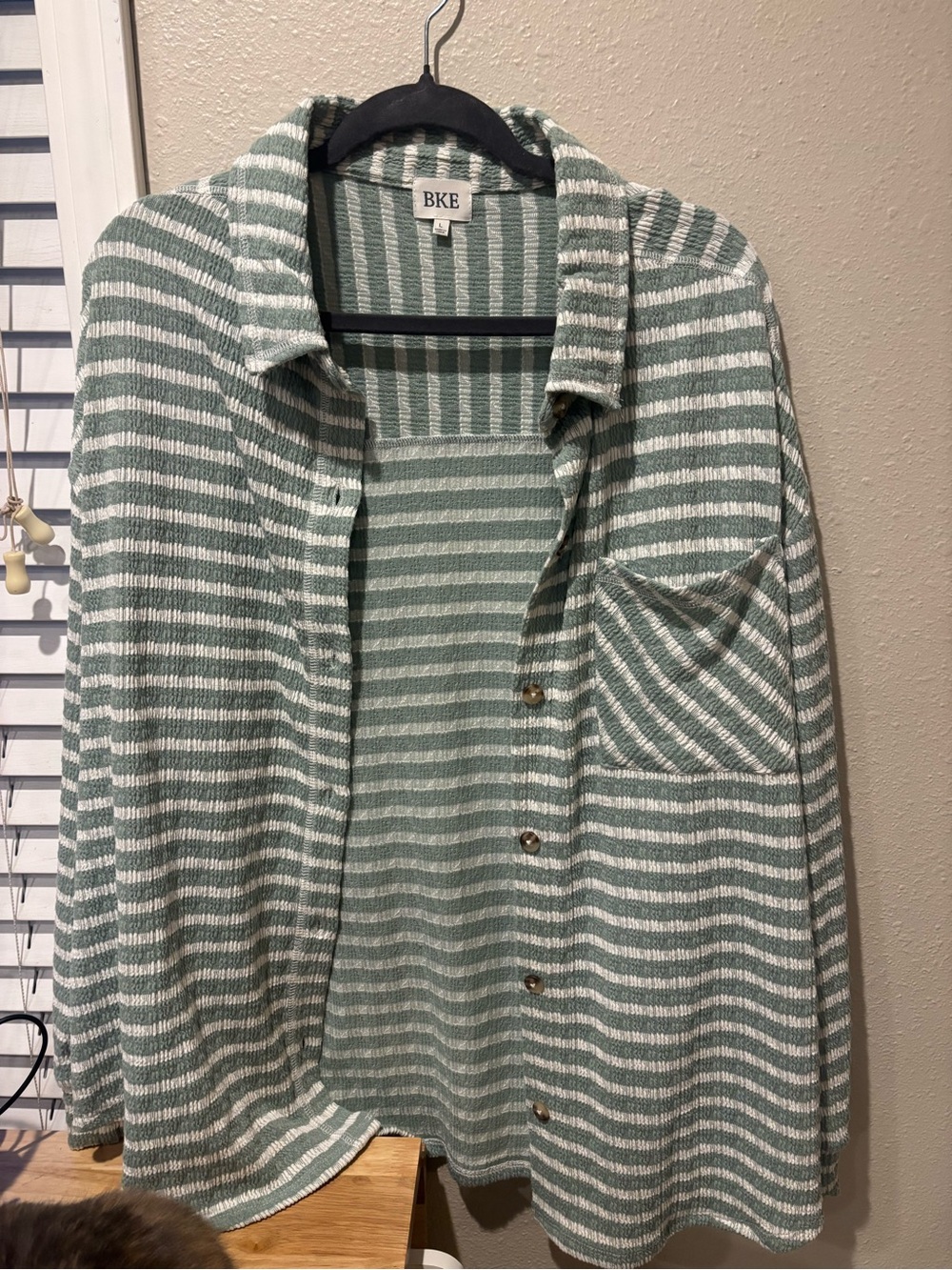 BKE Sage Green and White Striped Button-Up Shirt Jacket
